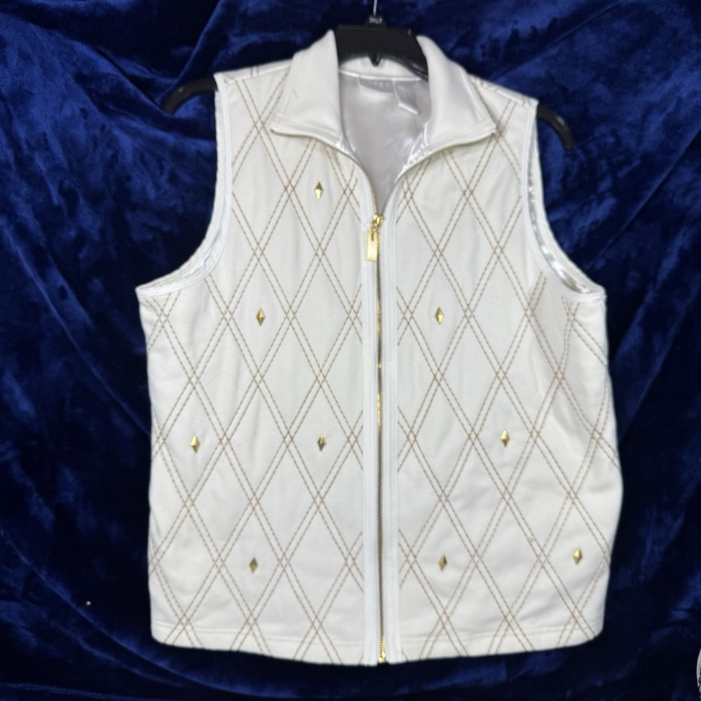 Koret K-Wear Vest Womens Size 14 Ivory Gold Thread Beaded Lined Full Zip